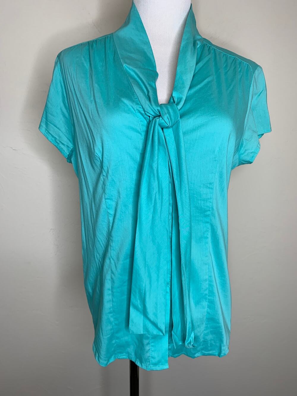 Valerie Stevens Teal Blue Green Tie Neck Blouse Sz Medium